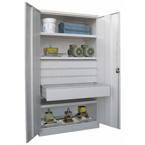 Schwerlastschrank 4 Schubladen, 3 Fachböden bis 120 kg pro Boden, Korpus: Rubinrot, Türen: Rubinrot