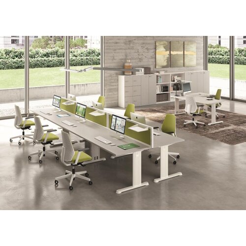 Akkustik Tischtrennwand Stoffbezug Hellgrau Alurahmen Weiss Höhe 54 cm Breite 160 cm