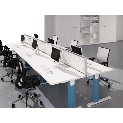 Akkustik Tischtrennwand Stoffbezug Hellgrau Alurahmen Weiss Höhe 54 cm Breite 160 cm