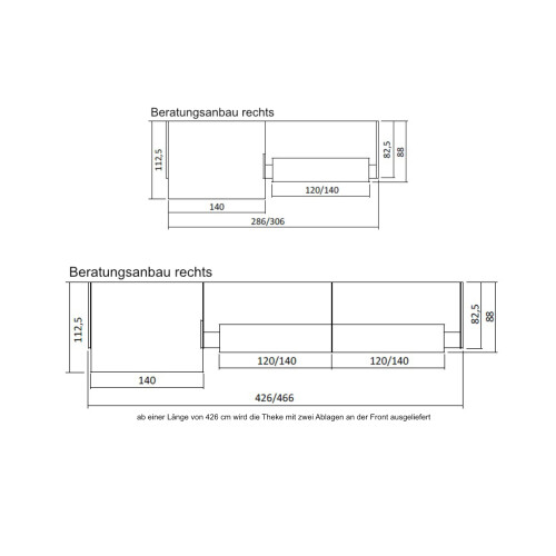 Empfangstheke mit Beratungsanbau, Breite/ Lage Anbau: 426 cm / rechts, Korpus: Beton, Ablage: dunkelgrau RAL 7022 lackiert