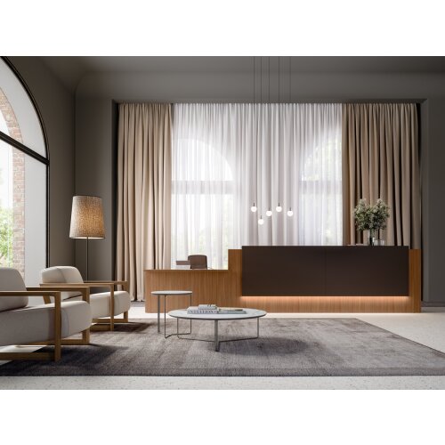 Empfangstheke mit Beratungsanbau, Breite/ Lage Anbau: 426 cm / rechts, Korpus: Beton, Ablage: dunkelgrau RAL 7022 lackiert