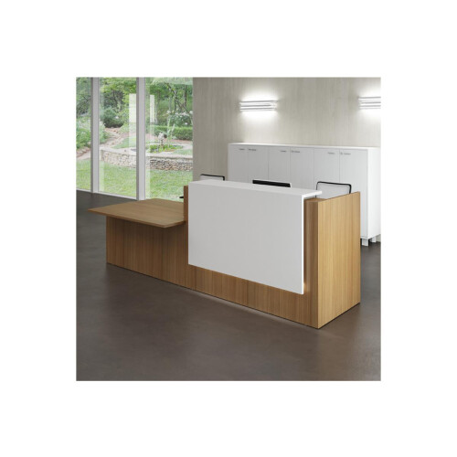 Empfangstheke mit Beratungsanbau, Breite/ Lage Anbau: 426 cm / rechts, Korpus: Beton, Ablage: dunkelgrau RAL 7022 lackiert