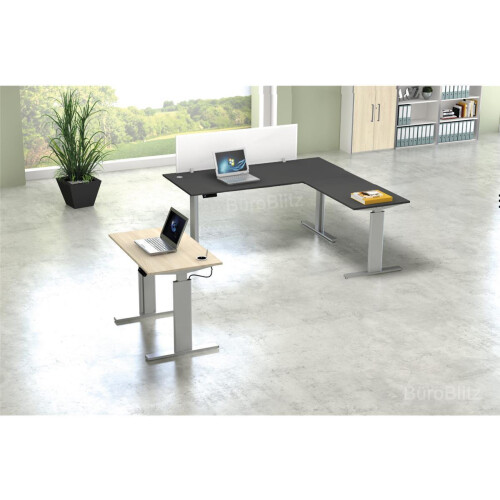 Elektrisch höhenverstellbarer Winkelschreibtisch Serie Flex, im Maß: 200 x 220 cm, Dekor: Dunkelgrau, Gestell: Silber