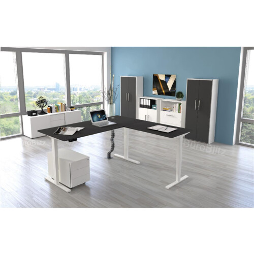 Elektrisch höhenverstellbarer Winkelschreibtisch Serie Flex, im Maß: 200 x 220 cm, Dekor: Dunkelgrau, Gestell: Silber