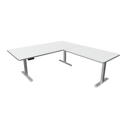 Elektrisch höhenverstellbarer Winkelschreibtisch Serie Disegno, mit abgerundeten Ecken, im Maß: 180 x 180 cm, Dekor: Weiss, Gestell: Silber