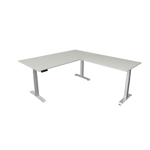 Elektrisch höhenverstellbarer Winkelschreibtisch Serie Star Höhenverstellung von 64-129 cm, im Maß: 180 x 180 cm, Dekor: Lichtgrau, Gestell:  Silber