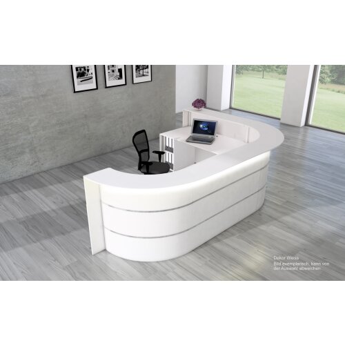 Empfangstheke L-Form 325 cm breit, Dekor: Weiss, mit Stauraum
