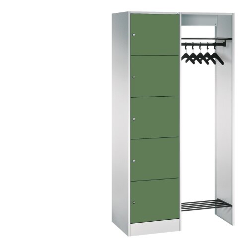 Offene Schliessfachgarderobe extra breit 5 Fächer Korpus RAL 7035 Lichtgrau, Türen RAL 6011 Resedagrün