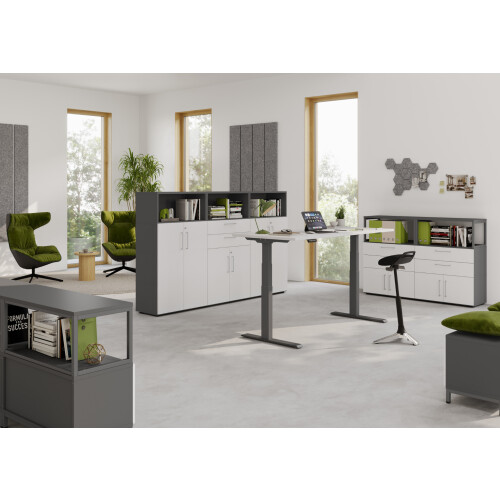 Kombi Aktenschrank Serie Klick, 3 OH, Korpus: Weiss, Front: Eiche, Unterbau: auf Standfuß