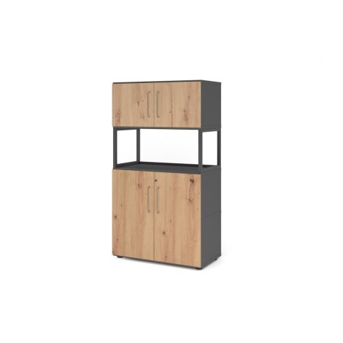 Aktenschrank Serie Klick, 4 OH, mit Rahmenelement, Korpus: Graphit, Front: Asteiche, Unterbau: auf Standfuß