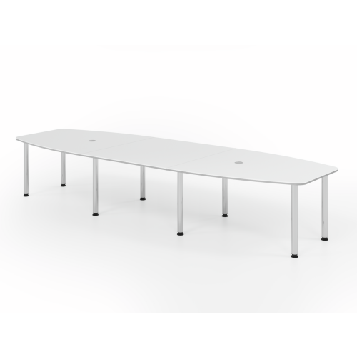 Konferenztisch Bootsform 400 cm mit Rundfüßen, Dekor: Weiss, Gestell: Chrom