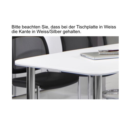Konferenztisch Bootsform 400 cm mit Rundfüßen, Dekor: Weiss, Gestell: Chrom