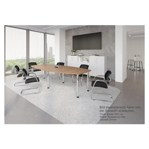 Konferenztisch Bootsform 400 cm mit Rundfüßen, Dekor: Nußbaum Hell, Gestell: Graphit