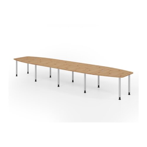 Konferenztisch Bootsform 520 cm mit Rundfüßen, Dekor: Asteiche, Gestell: Silber