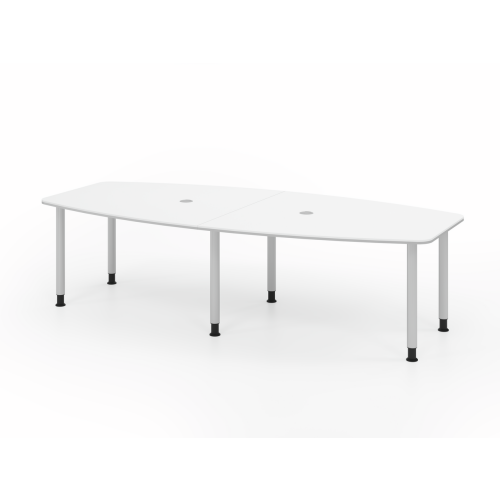 Konferenztisch Bootsform 280 cm mit Rundfüßen, Dekor: Weiss, Gestell: Silber