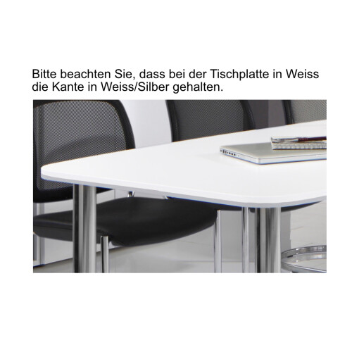Konferenztisch Bootsform 280 cm mit Rundfüßen, Dekor: Weiss, Gestell: Silber