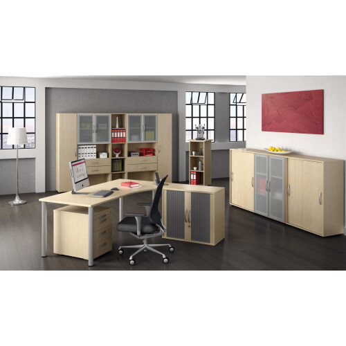 Schreibtisch PC-Form links  Rundfuss, höhenverstellbar, 180 cm breit Buche Dunkel/Silber