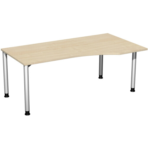 Schreibtisch PC-Form rechts  Rundfuss, höhenverstellbar, 180 cm breit Ahorn/Silber