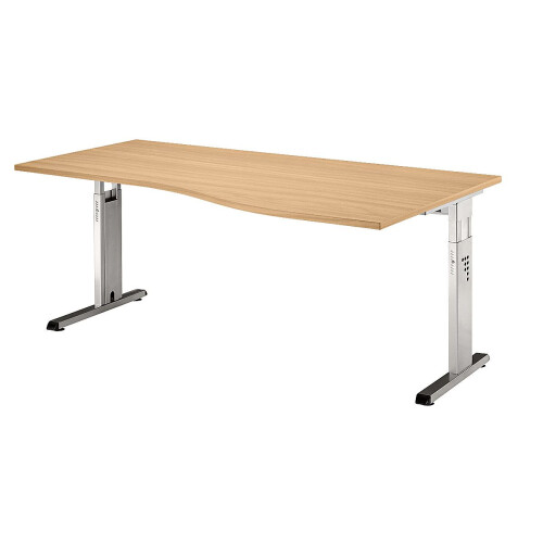Schreibtisch, Freiform höhenverstellbar 180x100/80 cm Nussbaum hell/Silber
