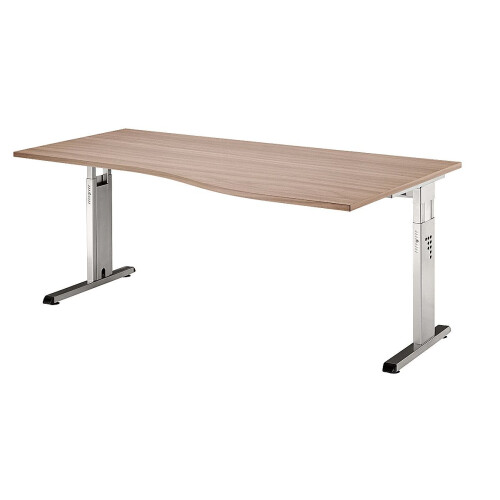 Schreibtisch, Freiform höhenverstellbar 180x100/80 cm Nussbaum hell/Silber