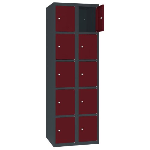 Stahl Schliessfachschrank Select 10 Fächer 300mm Abteilbreite Korpus Anthrazitgrau RAL 7016 Türen Weinrot RAL 3005