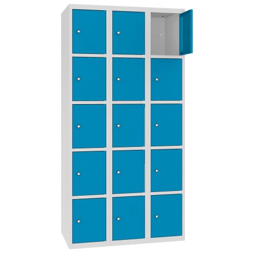 Stahl Schliessfachschrank Select 15 Fächer 300mm Abteilbreite Korpus Lichtgrau RAL 7035 Türen Lichtblau RAL 5012
