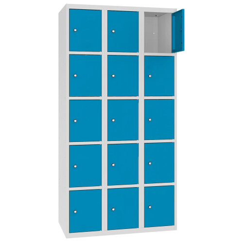 Stahl Schliessfachschrank Select 15 Fächer 300mm Abteilbreite Korpus Lichtgrau RAL 7035 Türen Lichtblau RAL 5012