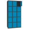 Stahl Schliessfachschrank Select 15 Fächer 400mm Abteilbreite Korpus Tiefschwarz RAL 9005 Türen Lichtblau RAL 5012
