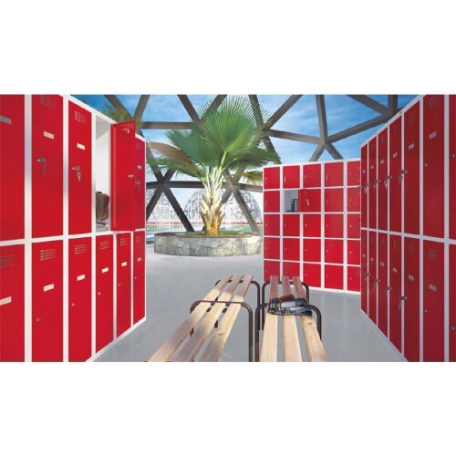 Stahl Schliessfachschrank Select 20 Fächer 300mm Abteilbreite Korpus Lichtgrau RAL 7035 Türen Lichtblau RAL 5012