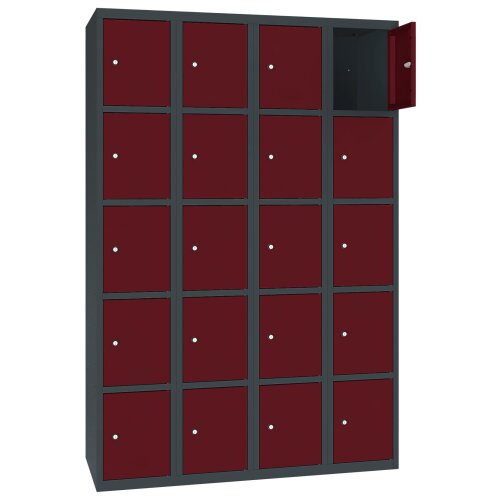 Stahl Schliessfachschrank Select 20 Fächer 300mm Abteilbreite Korpus Anthrazitgrau RAL 7016 Türen Weinrot RAL 3005