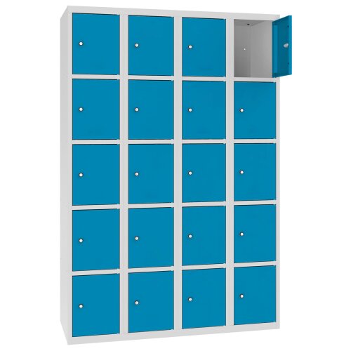 Stahl Schliessfachschrank Select 20 Fächer 300mm Abteilbreite Korpus Lichtgrau RAL 7035 Türen Lichtblau RAL 5012