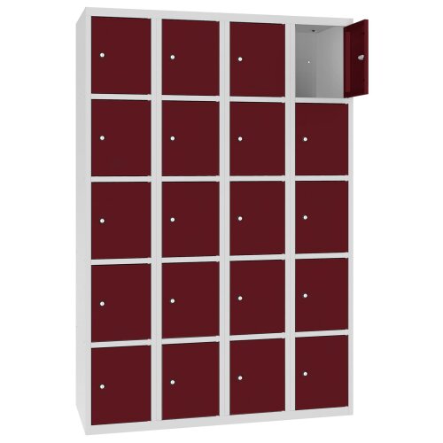 Stahl Schliessfachschrank Select 20 Fächer 300mm Abteilbreite Korpus Lichtgrau RAL 7035 Türen Weinrot RAL 3005