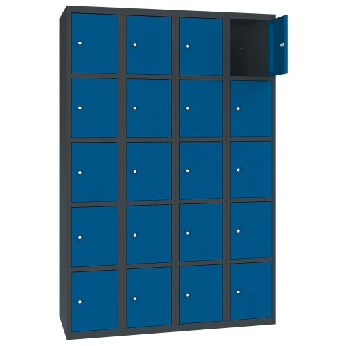 Stahl Schliessfachschrank Select 20 Fächer 300mm Abteilbreite Korpus Anthrazitgrau RAL 7016 Türen Enzianblau RAL 5010