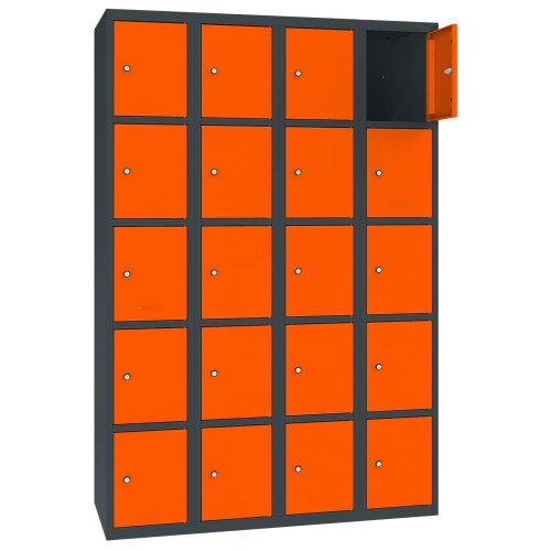 Stahl Schliessfachschrank Select 20 Fächer 300mm Abteilbreite Korpus Anthrazitgrau RAL 7016 Türen Reinorange RAL 2004