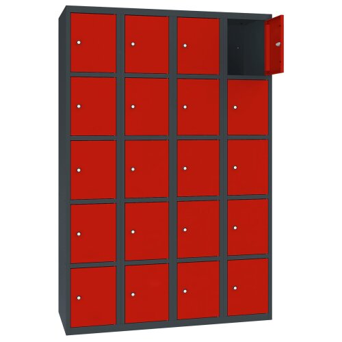 Stahl Schliessfachschrank Select 20 Fächer 300mm Abteilbreite Korpus Anthrazitgrau RAL 7016 Türen Verkehrsrot RAL 3020