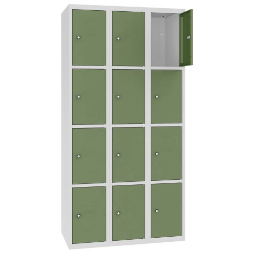 Stahl Schliessfachschrank Select 12 Fächer 300mm Abteilbreite Korpus Lichtgrau RAL 7035 Türen Resedagrün RAL 6011