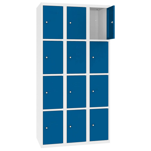 Stahl Schliessfachschrank Select 12 Fächer 300mm Abteilbreite Korpus Weiss RAL 9010 Türen Enzianblau RAL 5010