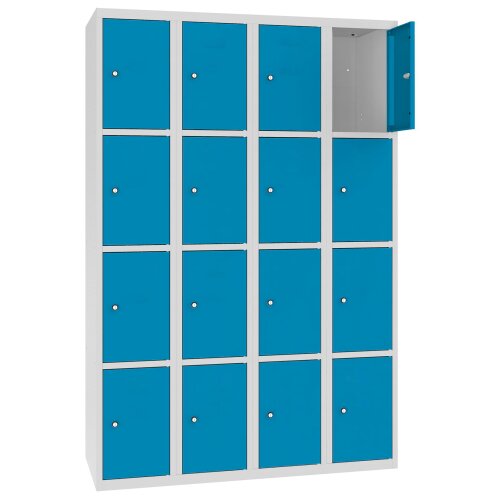 Stahl Schliessfachschrank Select 16 Fächer 300mm Abteilbreite Korpus Lichtgrau RAL 7035 Türen Lichtblau RAL 5012