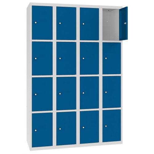 Stahl Schliessfachschrank Select 16 Fächer 300mm Abteilbreite Korpus Lichtgrau RAL 7035 Türen Enzianblau RAL 5010