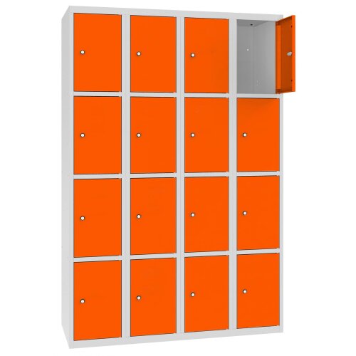 Stahl Schliessfachschrank Select 16 Fächer 300mm Abteilbreite Korpus Lichtgrau RAL 7035 Türen Reinorange RAL 2004