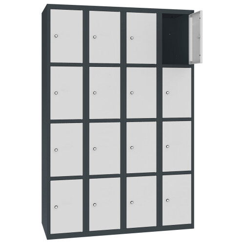 Stahl Schliessfachschrank Select 16 Fächer 300mm Abteilbreite Korpus Anthrazitgrau RAL 7016 Türen Lichtgrau RAL 7035