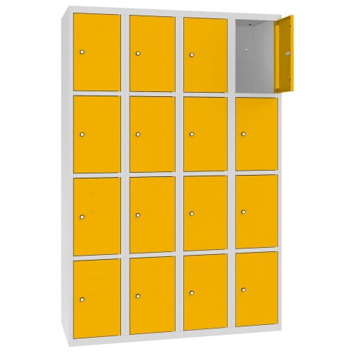 Stahl Schliessfachschrank Select 16 Fächer 300mm Abteilbreite Korpus Lichtgrau RAL 7035 Türen Verkehrsgelb RAL 1023