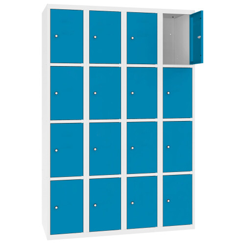 Stahl Schliessfachschrank Select 16 Fächer 300mm Abteilbreite Korpus Weiss RAL 9010 Türen Lichtblau RAL 5012