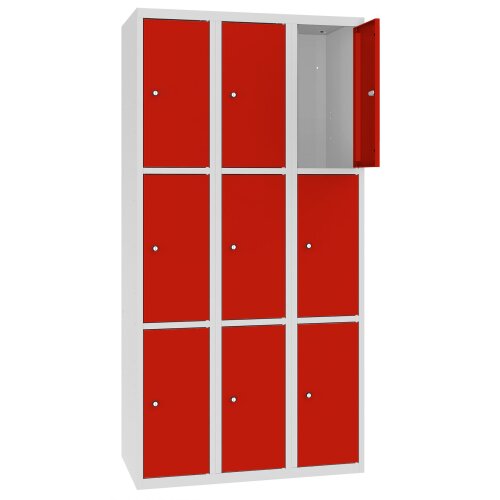 Stahl Schliessfachschrank Select 9 Fächer 300mm Abteilbreite Korpus Lichtgrau RAL 7035 Türen Verkehrsrot RAL 3020