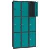 Stahl Schliessfachschrank Select 9 Fächer 300mm Abteilbreite Korpus Anthrazitgrau RAL 7016 Türen Türkisblau RAL 5018