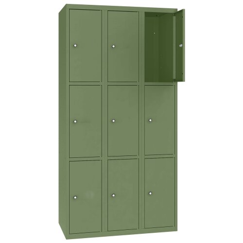 Stahl Schliessfachschrank Select 9 Fächer 300mm Abteilbreite Korpus Resedagrün RAL 6011 Türen Resedagrün RAL 6011