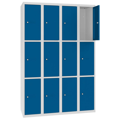 Stahl Schliessfachschrank Select 12 Fächer 300mm Abteilbreite Korpus Lichtgrau RAL 7035 Türen Enzianblau RAL 5010
