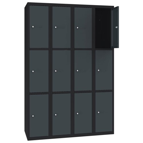 Stahl Schliessfachschrank Select 12 Fächer 300mm Abteilbreite Korpus Tiefschwarz RAL 9005 Türen Anthrazitgrau RAL 7016