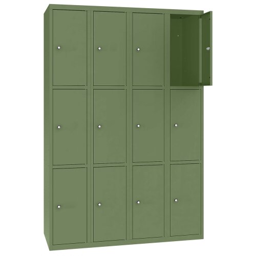 Stahl Schliessfachschrank Select 12 Fächer 300mm Abteilbreite Korpus Resedagrün RAL 6011 Türen Resedagrün RAL 6011
