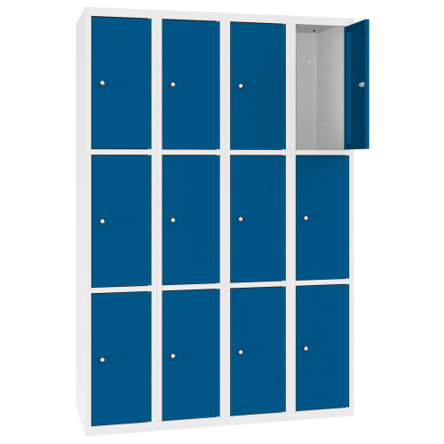 Stahl Schliessfachschrank Select 12 Fächer 300mm Abteilbreite Korpus Weiss RAL 9010 Türen Enzianblau RAL 5010